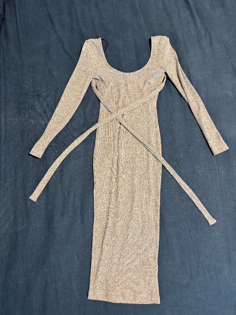 JLUXLABEL Ribbed Knit Long Sleeve Maxi Bodycon Dress Wrap Tie Tan Size M